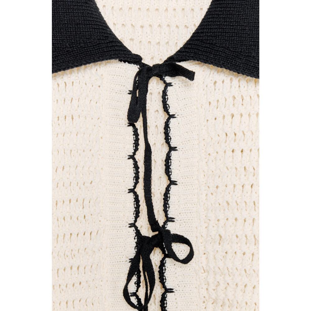 Zara NWT Ecru Black Crochet Polo Collar Tie Front Short Sleeve Top L - Picture 14 of 16